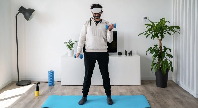 Mann beim Hanteltraining mit einer VR-Brille auf dem Kopf.

