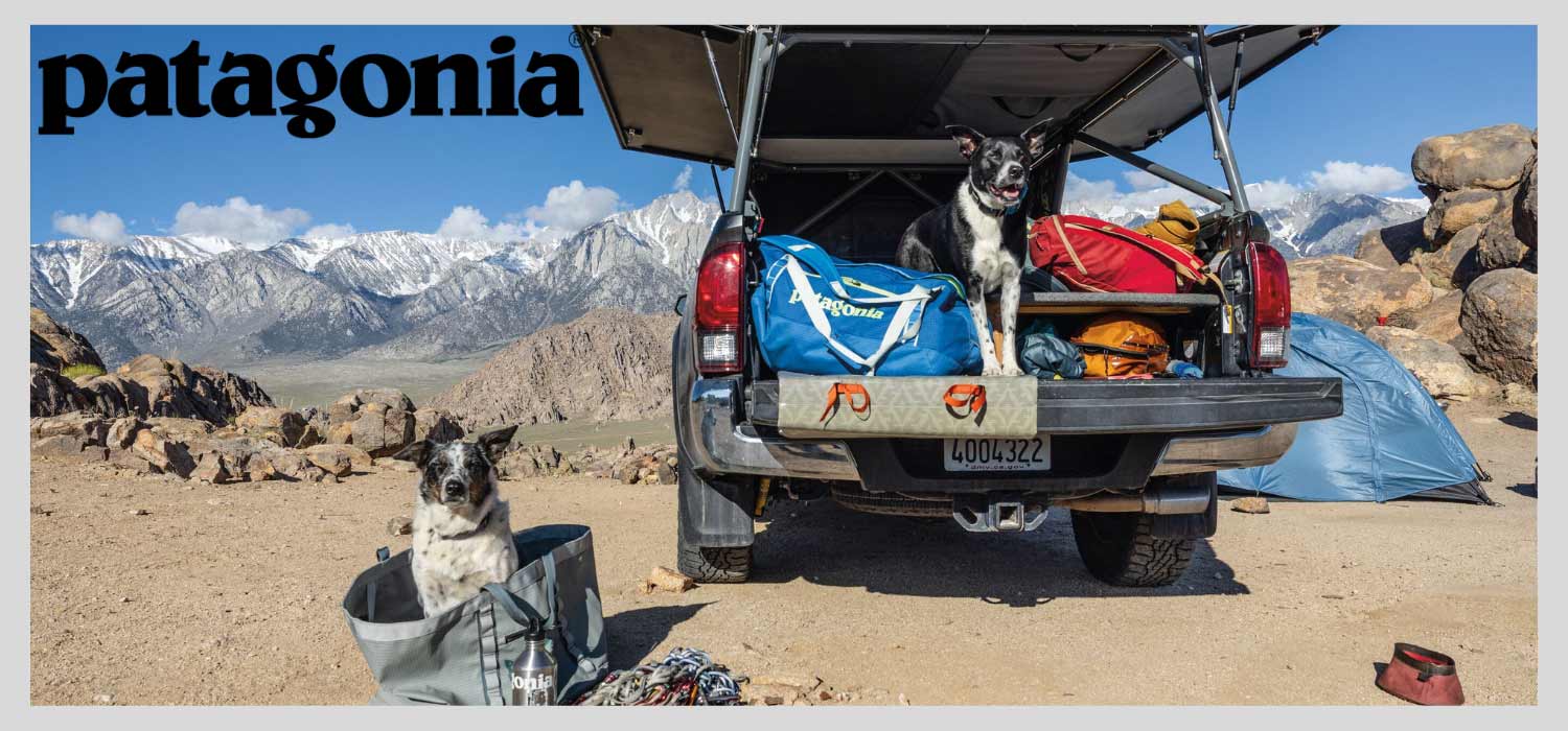 Kofferraum mit Patagonia Gepäck und Hunden vor Bergkulisse