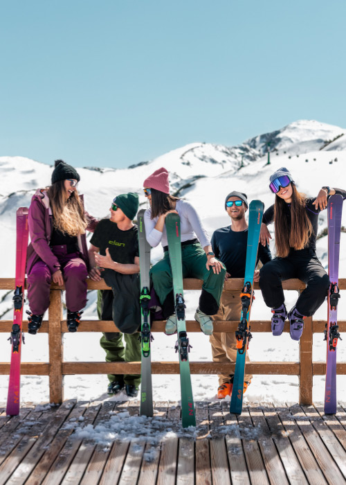 Gruppe froehlicher Skifahrer vor Bergkulisse